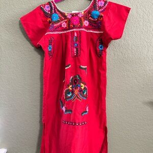 Girls' Red Embroidered Cotton Tunic Dress